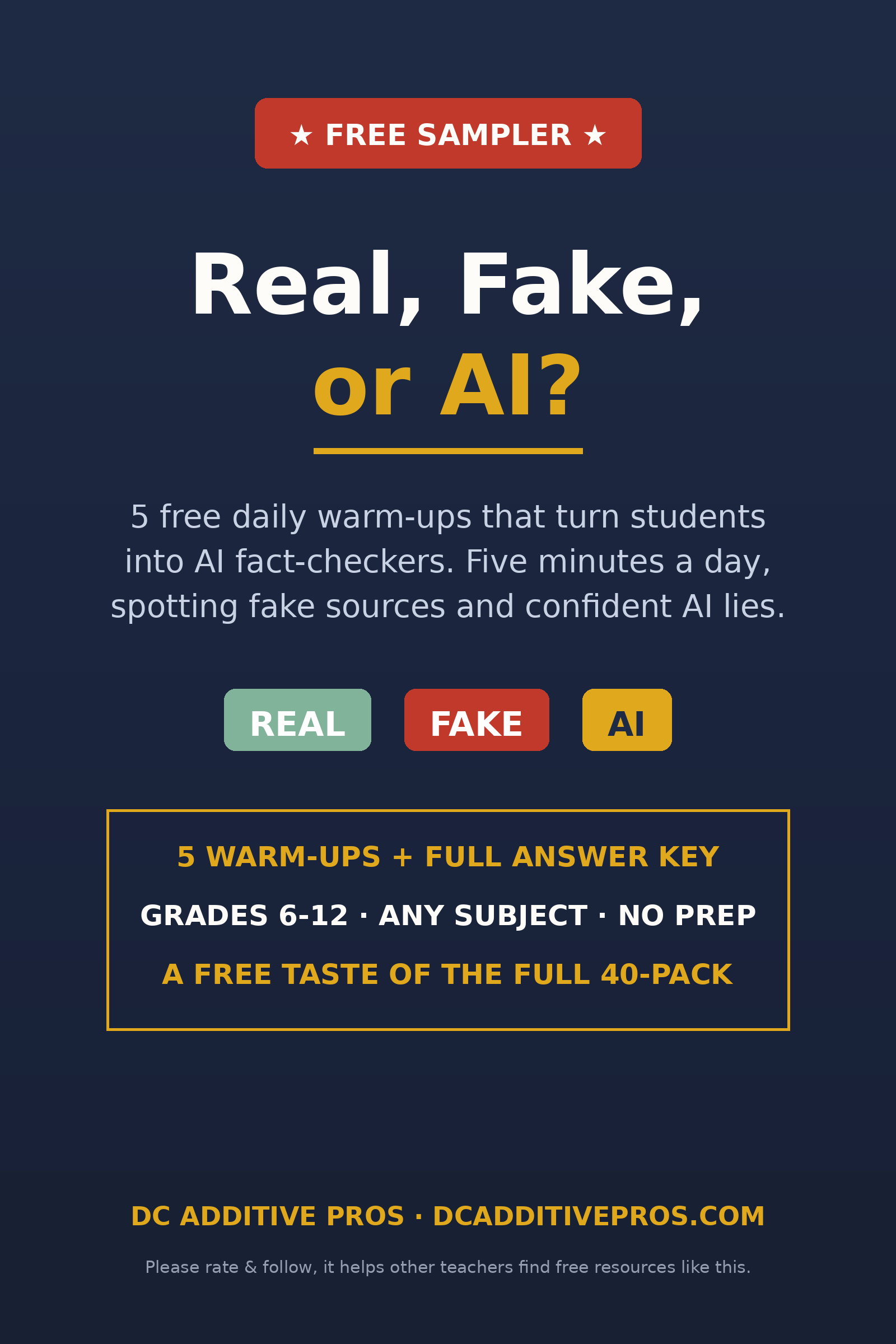 Free Real, Fake, or AI? 5 daily AI literacy warm-up bell ringers for grades 6-12 with answer key