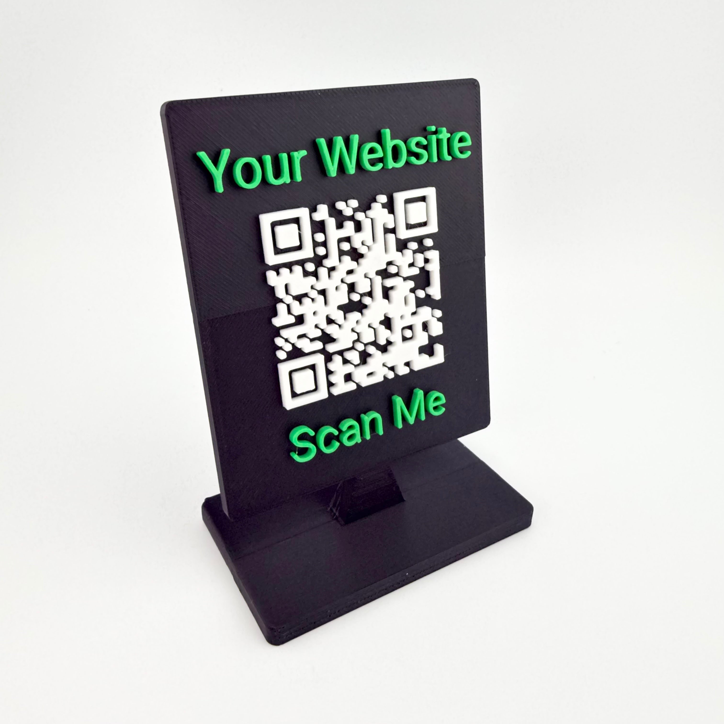 Custom QR code stand for business with Your Website text and Scan Me prompt, black engineered polymer tabletop display built in USA