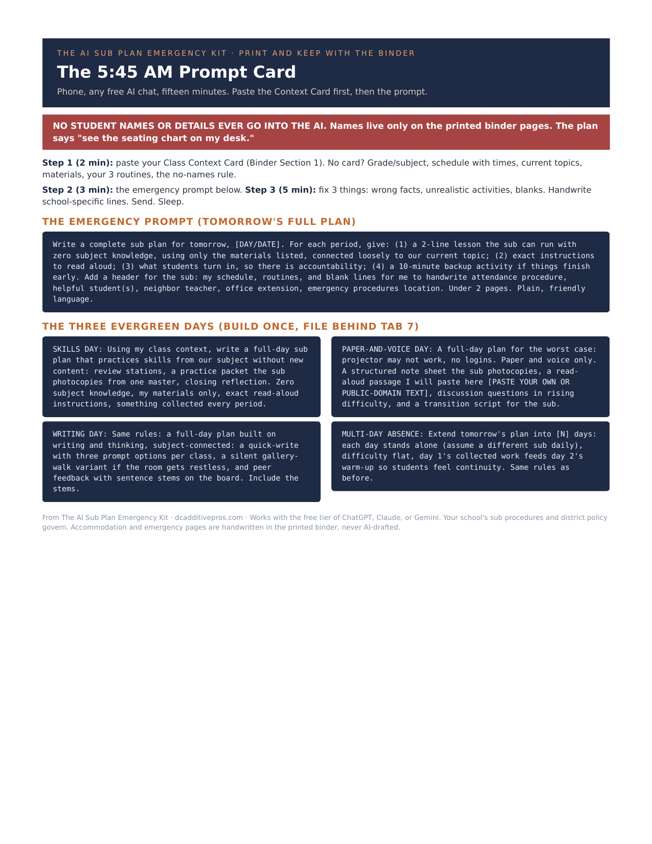 The 5:45 AM printable sub plan prompt card