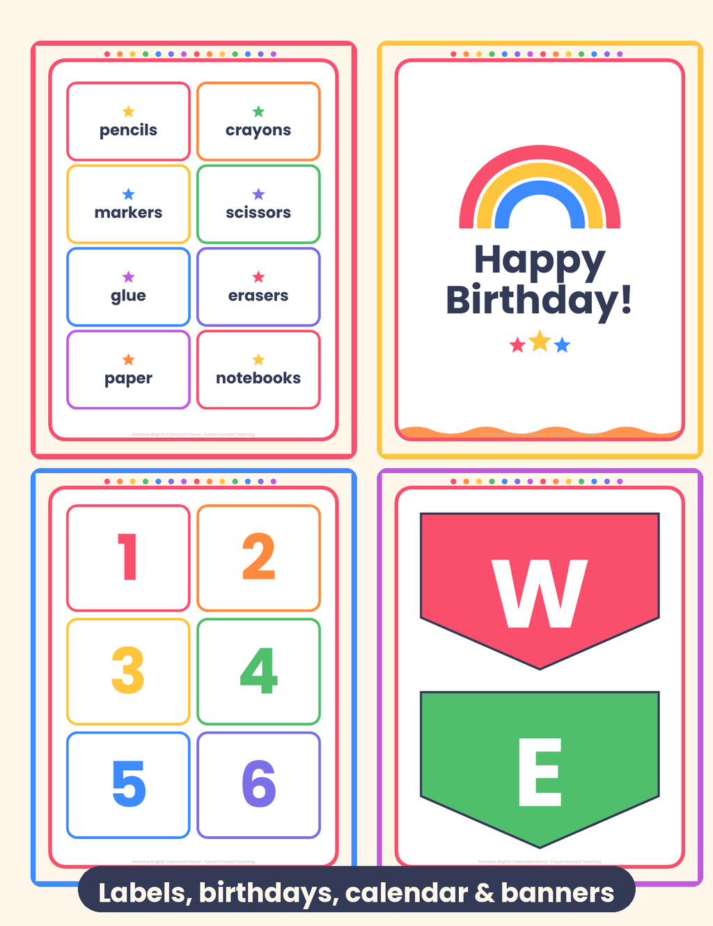 Labels, birthday board, calendar and banner preview