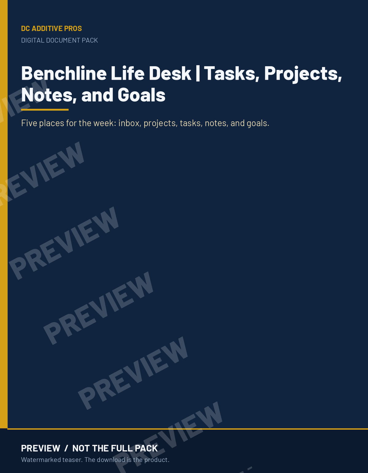 Benchline Life Desk | Tasks, Projects, Notes, and Goals preview. PREVIEW / NOT THE FULL PACK