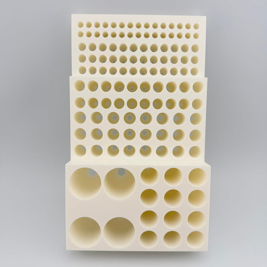 Multi-Size Polymer Test Tube Rack Holder, 134 Holes for 5-28mm Tubes, Lab Centrifuge Tube Stand Organizer with Stepped Layout, USA Made (White)