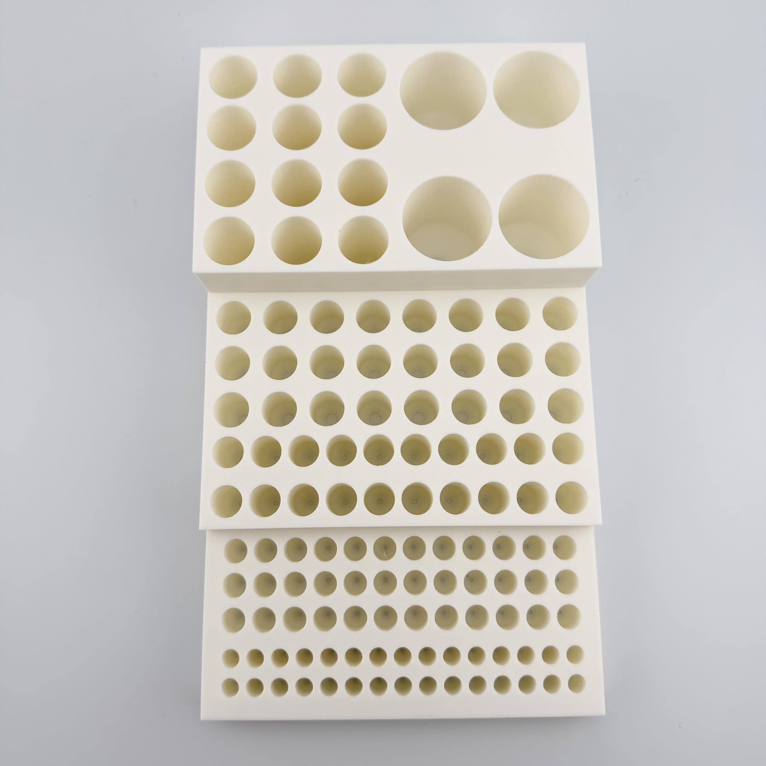 Multi-Size Polymer Test Tube Rack Holder, 134 Holes for 5-28mm Tubes, Lab Centrifuge Tube Stand Organizer with Stepped Layout, USA Made (White)