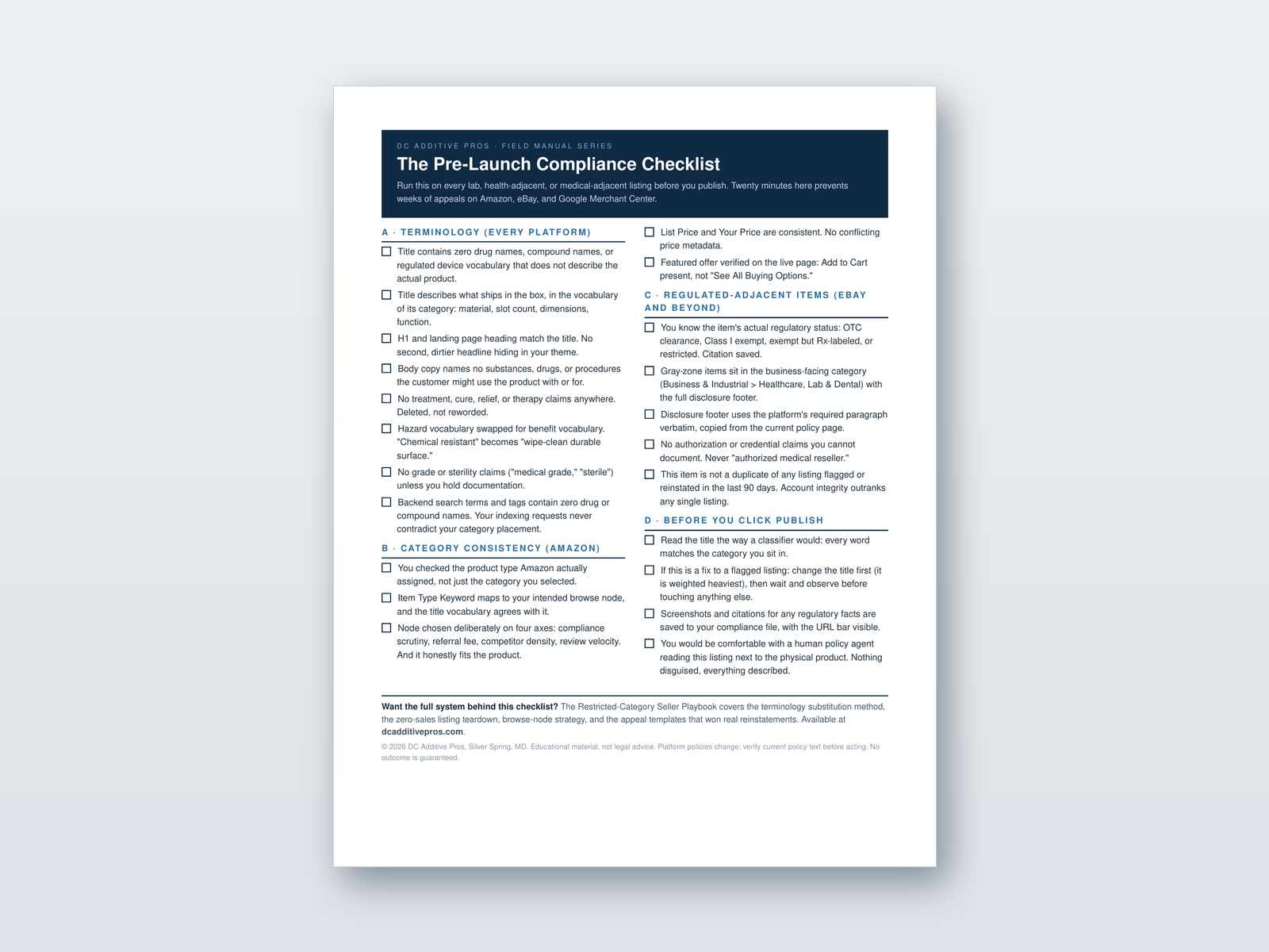 One page pre-launch compliance checklist from DC Additive Pros showing four checklist sections for marketplace sellers.