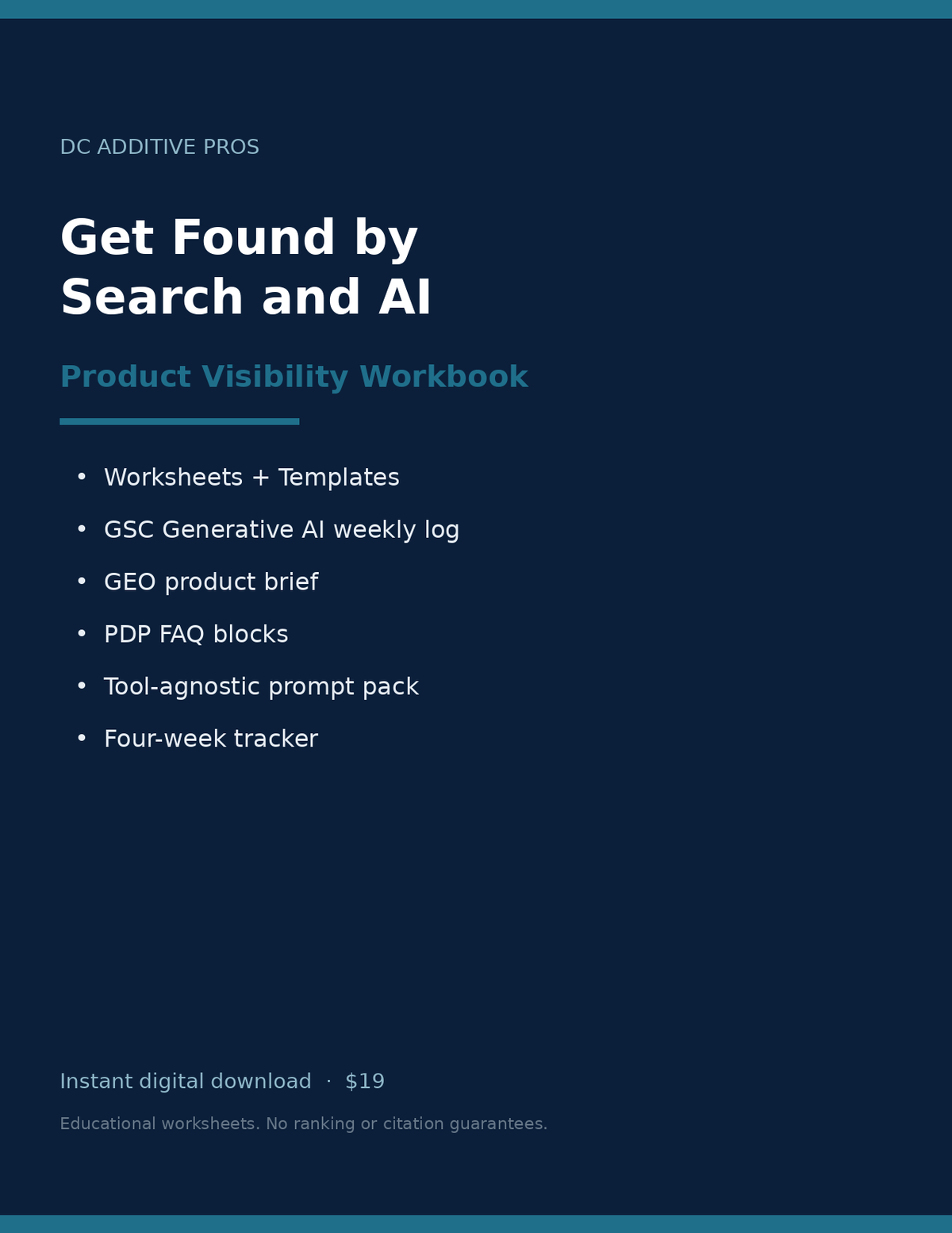 Cover of Get Found by Search and AI, Product Visibility Workbook by DC Additive Pros, worksheets and templates pack.