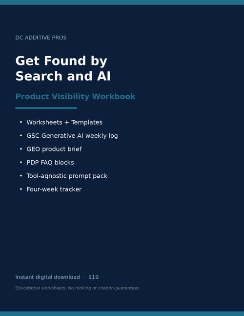 Cover of Get Found by Search and AI, Product Visibility Workbook by DC Additive Pros, worksheets and templates pack.