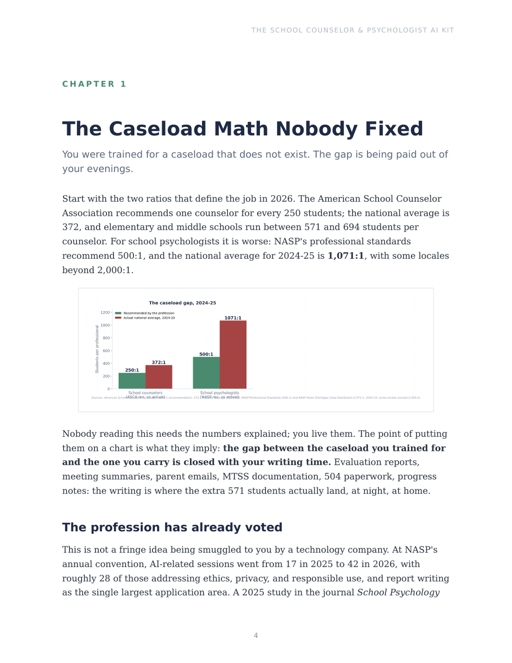 Cited caseload gap chart: counselor and school psychologist ratios vs recommendations