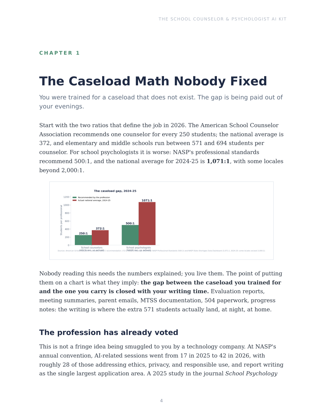 Cited caseload gap chart: counselor and school psychologist ratios vs recommendations