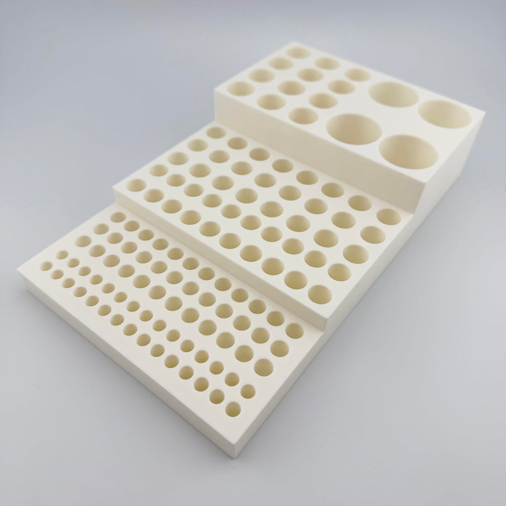 Multi-Size Polymer Test Tube Rack Holder, 134 Holes for 5-28mm Tubes, Lab Centrifuge Tube Stand Organizer with Stepped Layout, USA Made (White)