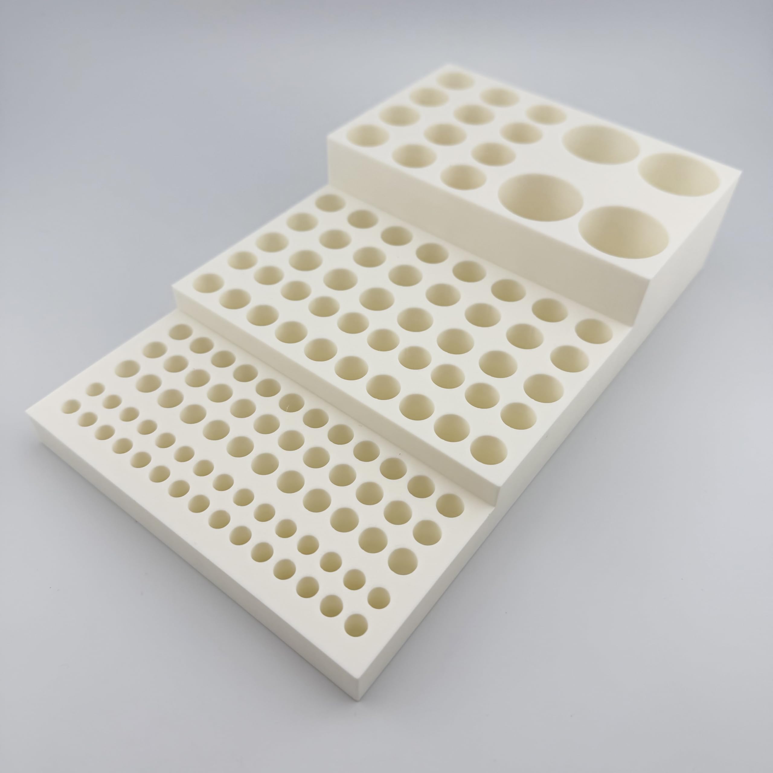 Multi-Size Polymer Test Tube Rack Holder, 134 Holes for 5-28mm Tubes, Lab Centrifuge Tube Stand Organizer with Stepped Layout, USA Made (White)