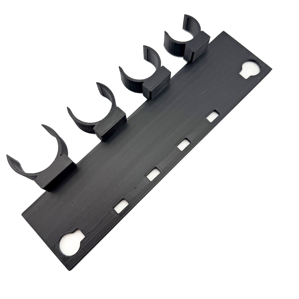 DC Additive Pros UQD hose parking strip, four snap in cradle clips on a flat mounting plate with keyhole slots, black ABS, made in USA