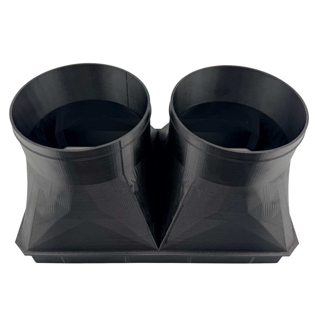 Dual 5 Inch Cold Air Duct Adapter front angle showing two 5 inch slip collars on white background, Made in USA