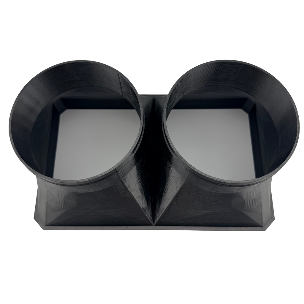 Dual 5 Inch Cold Air Duct Adapter rear insertion face for spot cooler louver opening on white background, Made in USA