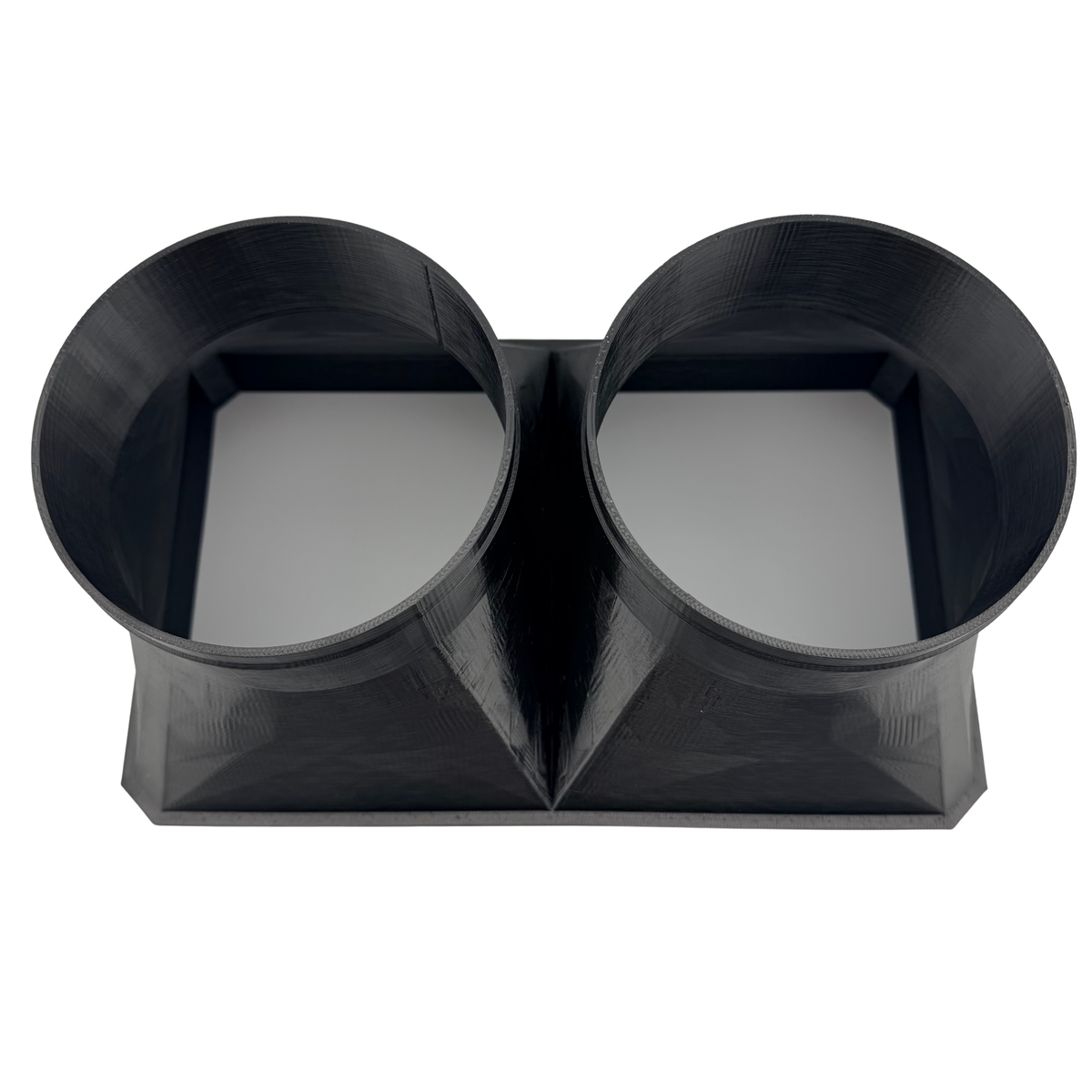 Dual 5 Inch Cold Air Duct Adapter rear insertion face for spot cooler louver opening on white background, Made in USA