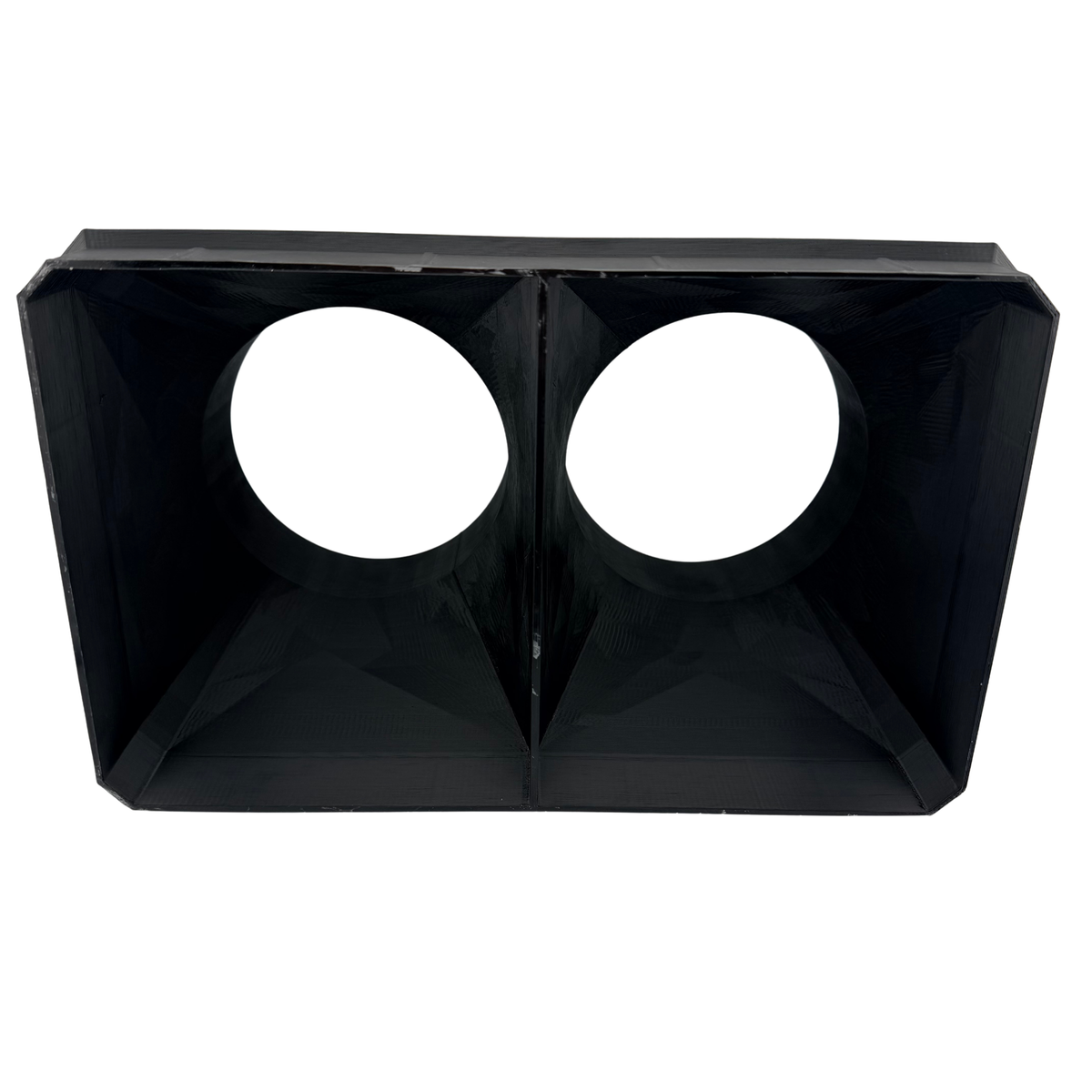 Dual 5 Inch Cold Air Duct Adapter top view of dual outlets and clamp beads on white background, Made in USA