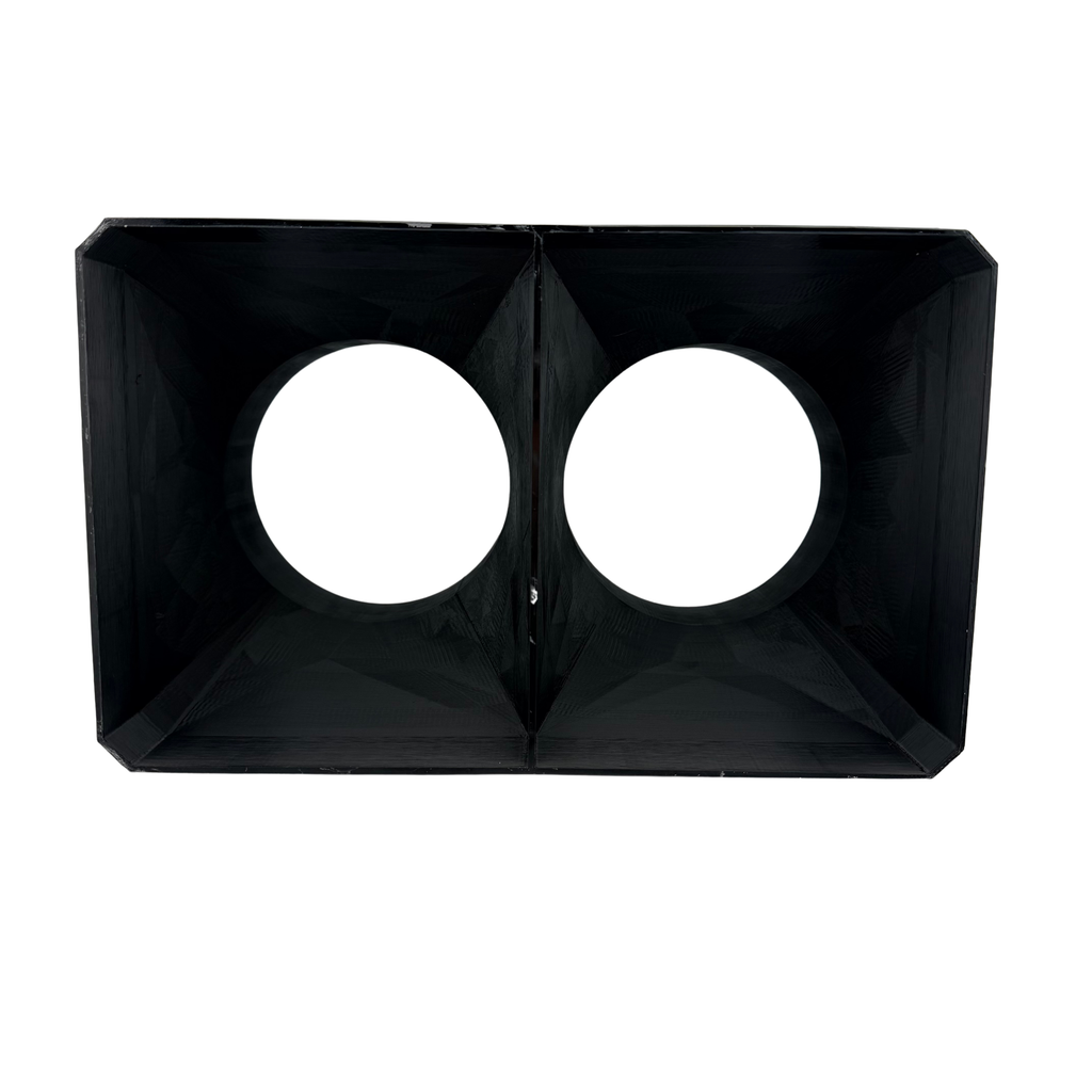 Dual 5 Inch Cold Air Duct Adapter close-up of crush ribs and angled rim on white background, Made in USA