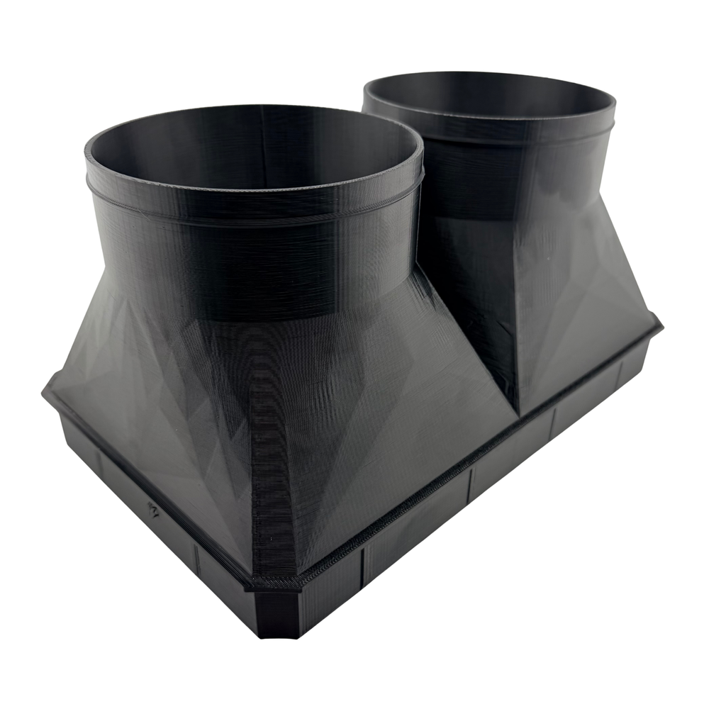 Dual 5 Inch Cold Air Duct Adapter alternate angle showing both 5 inch collars on white background, Made in USA