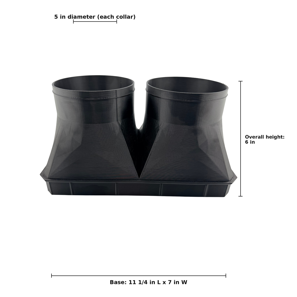 Dual 5 Inch Cold Air Duct Adapter dimension diagram on white background, Made in USA: 5 in diameter each collar, base 11 1/4 in L x 7 in W, overall height 6 in