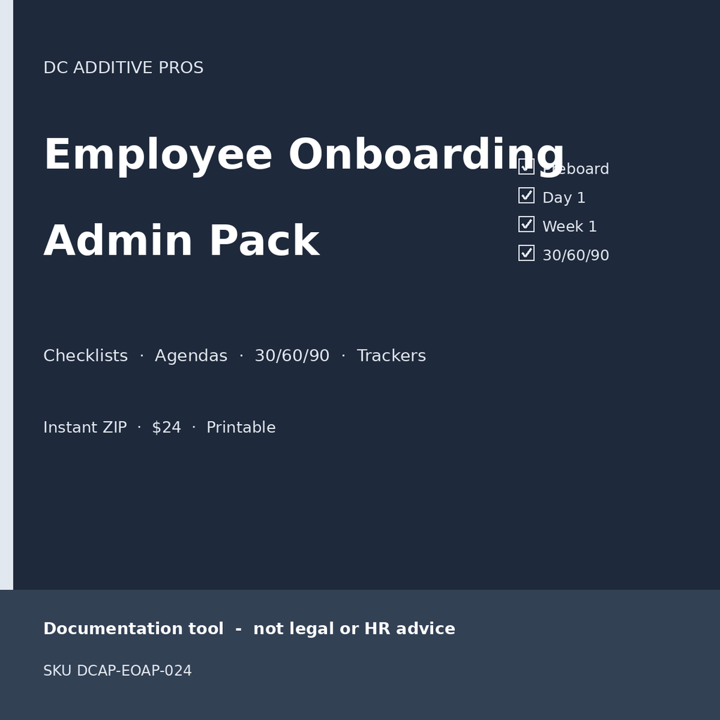 Employee Onboarding Admin Pack cover new hire checklist 30-60-90 plan printable download