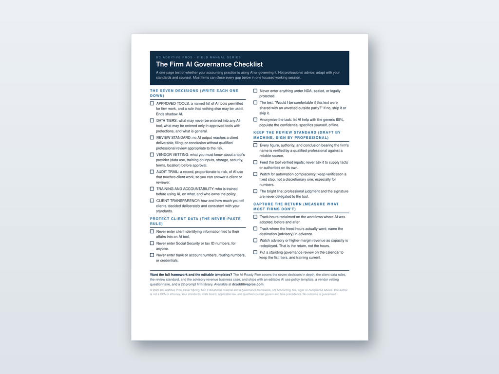 One page Firm AI Governance Checklist from DC Additive Pros showing the seven governance decisions and client-data rules for accounting practices.