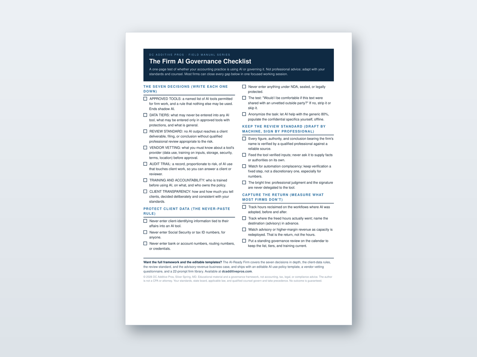 One page Firm AI Governance Checklist from DC Additive Pros showing the seven governance decisions and client-data rules for accounting practices.