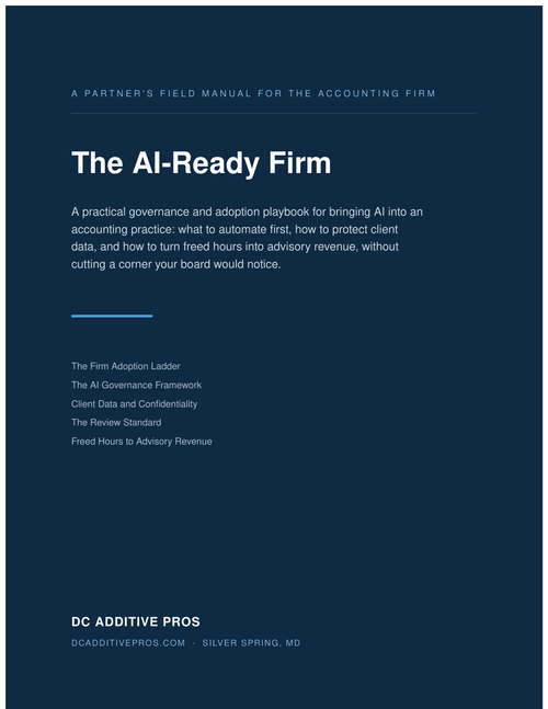 Cover of The AI-Ready Firm, a governance and adoption playbook for accounting firms by DC Additive Pros, dark blue professional ebook cover.