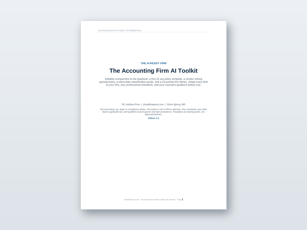 Accounting Firm AI Toolkit preview showing the editable Word document with an AI use policy template and a 22 prompt firm library.