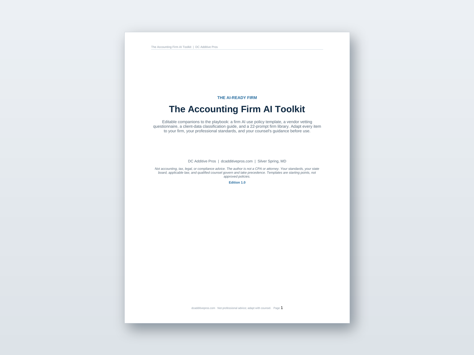 Accounting Firm AI Toolkit preview showing the editable Word document with an AI use policy template and a 22 prompt firm library.