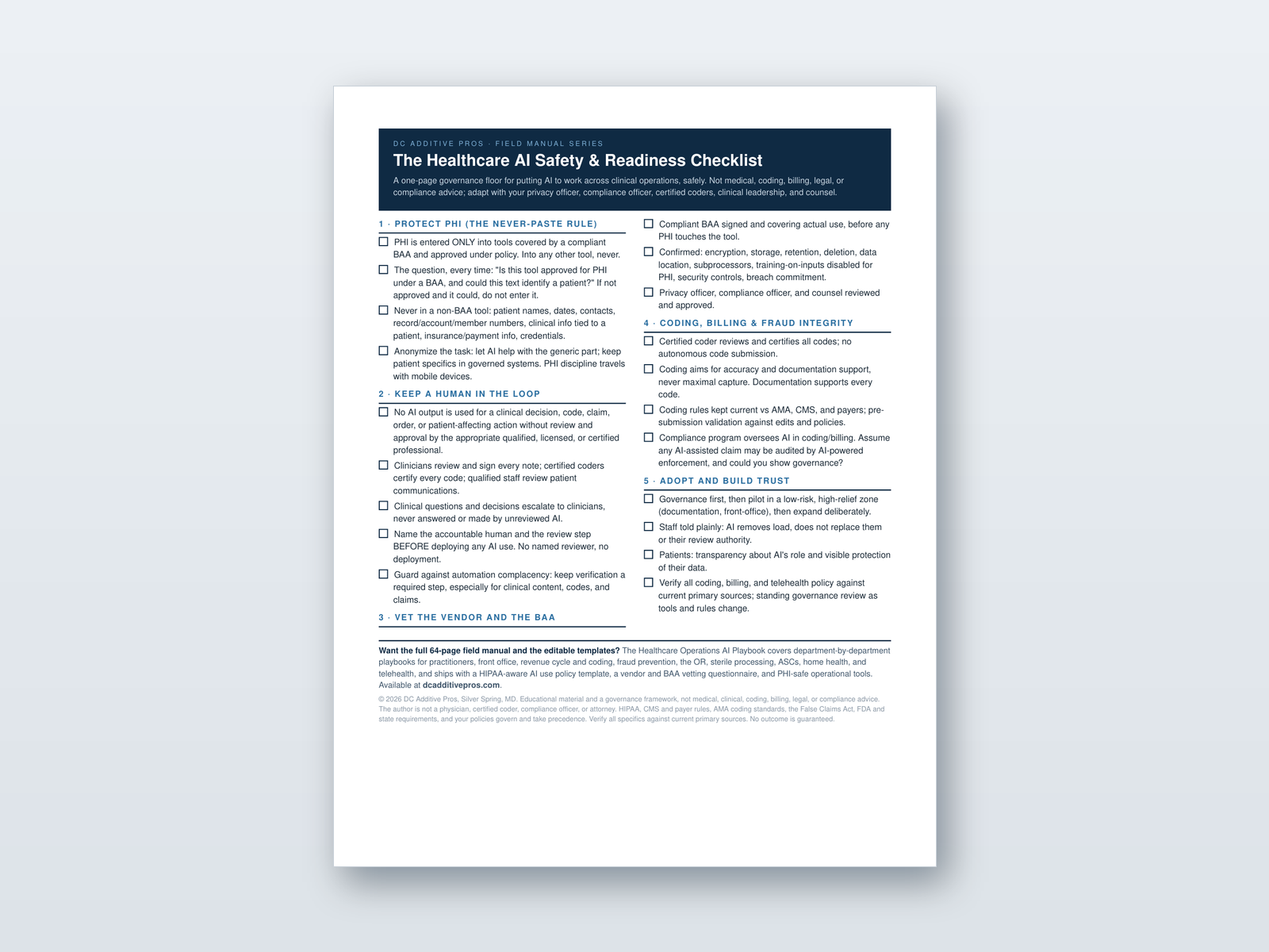 One page Healthcare AI Safety and Readiness Checklist from DC Additive Pros showing PHI, human-in-the-loop, vendor vetting, and coding integrity steps.