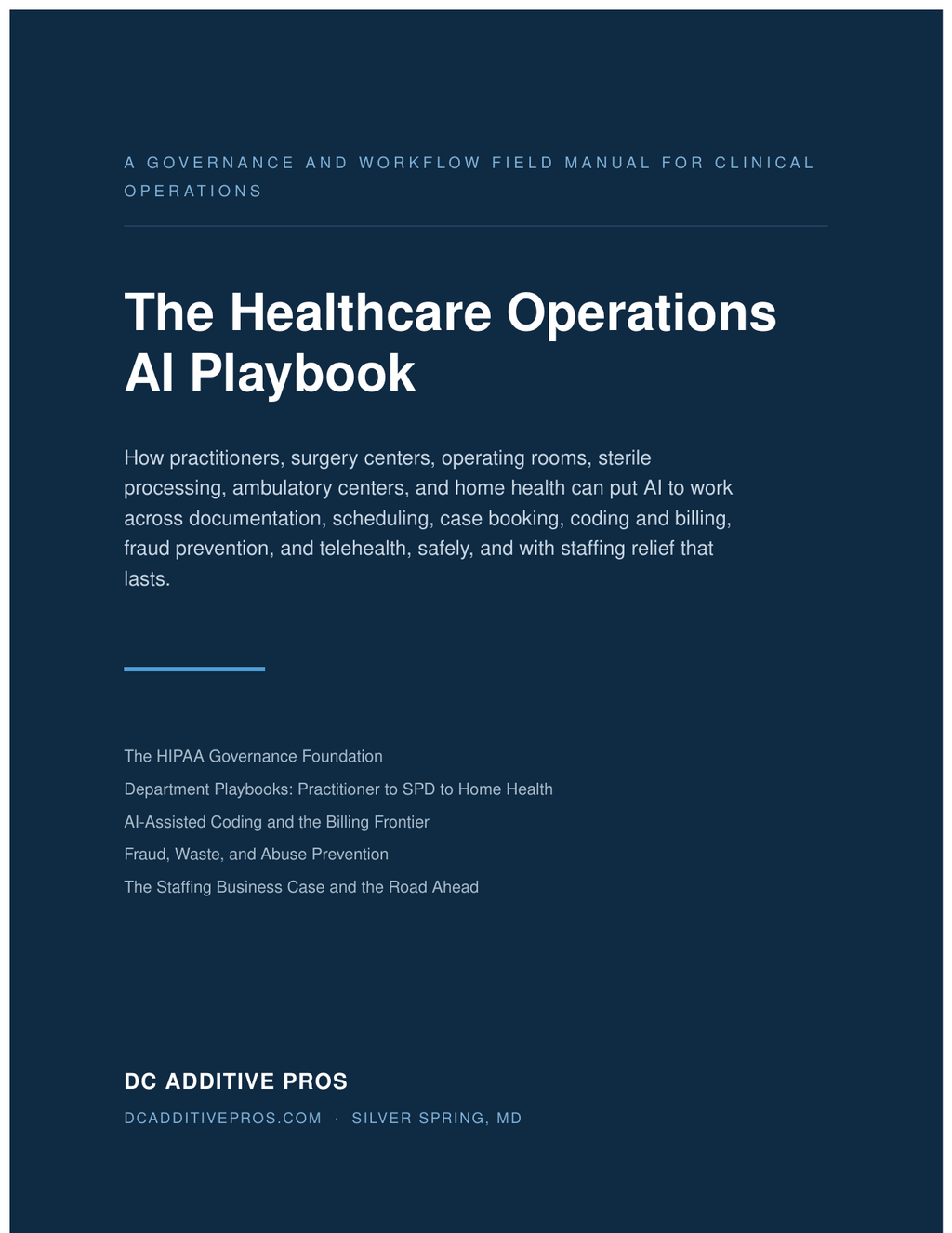 Cover of The Healthcare Operations AI Playbook by DC Additive Pros, a dark blue governance and workflow field manual for clinical operations.