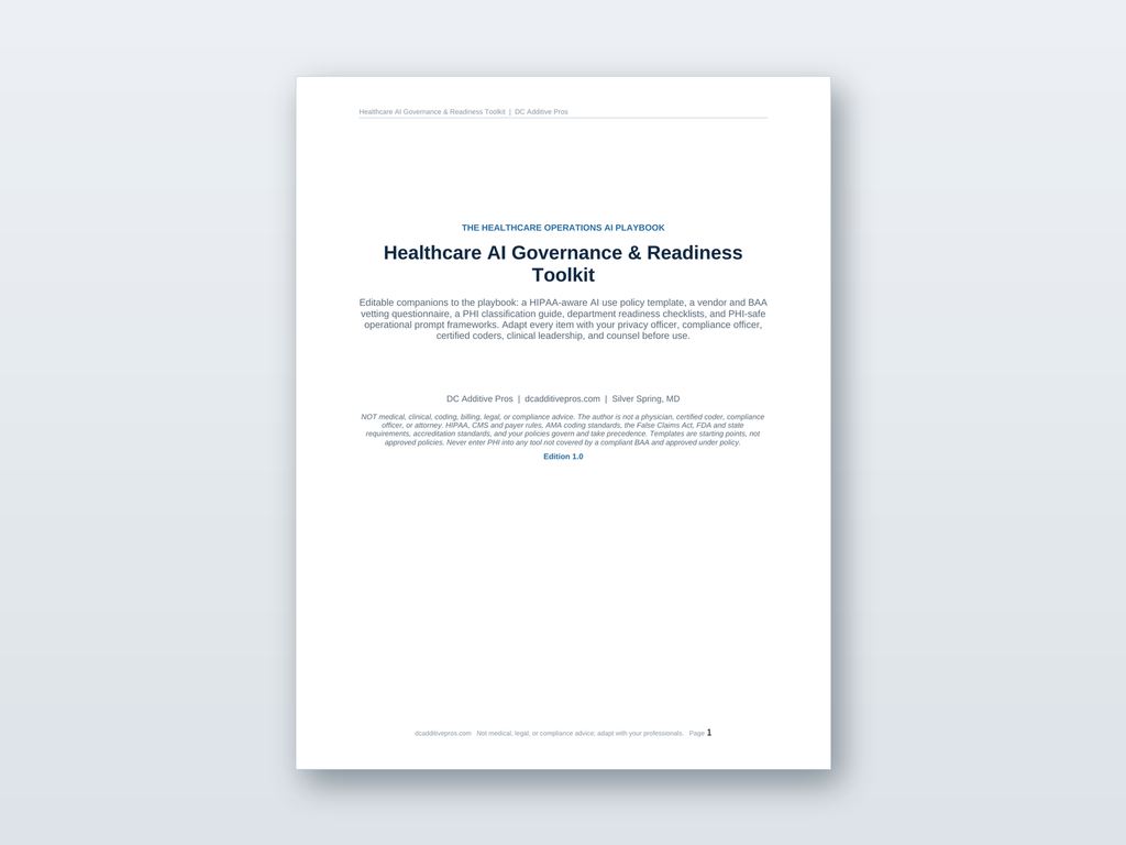 Healthcare AI Governance and Readiness Toolkit preview showing the editable Word document with a HIPAA-aware AI use policy template and readiness checklists.