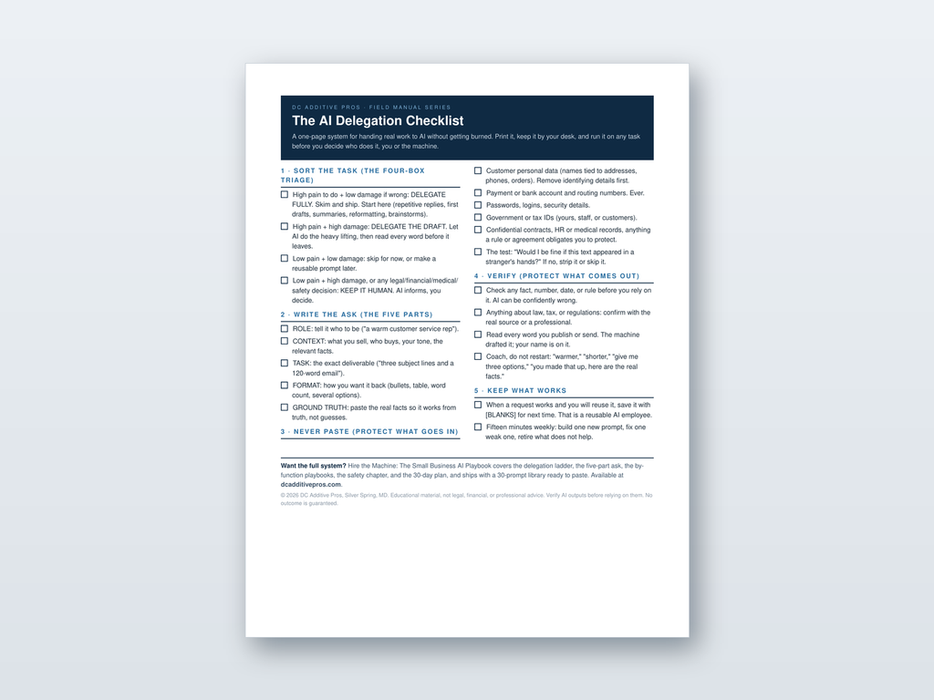 One page AI Delegation Checklist from DC Additive Pros showing five numbered sections for handing work to AI safely.