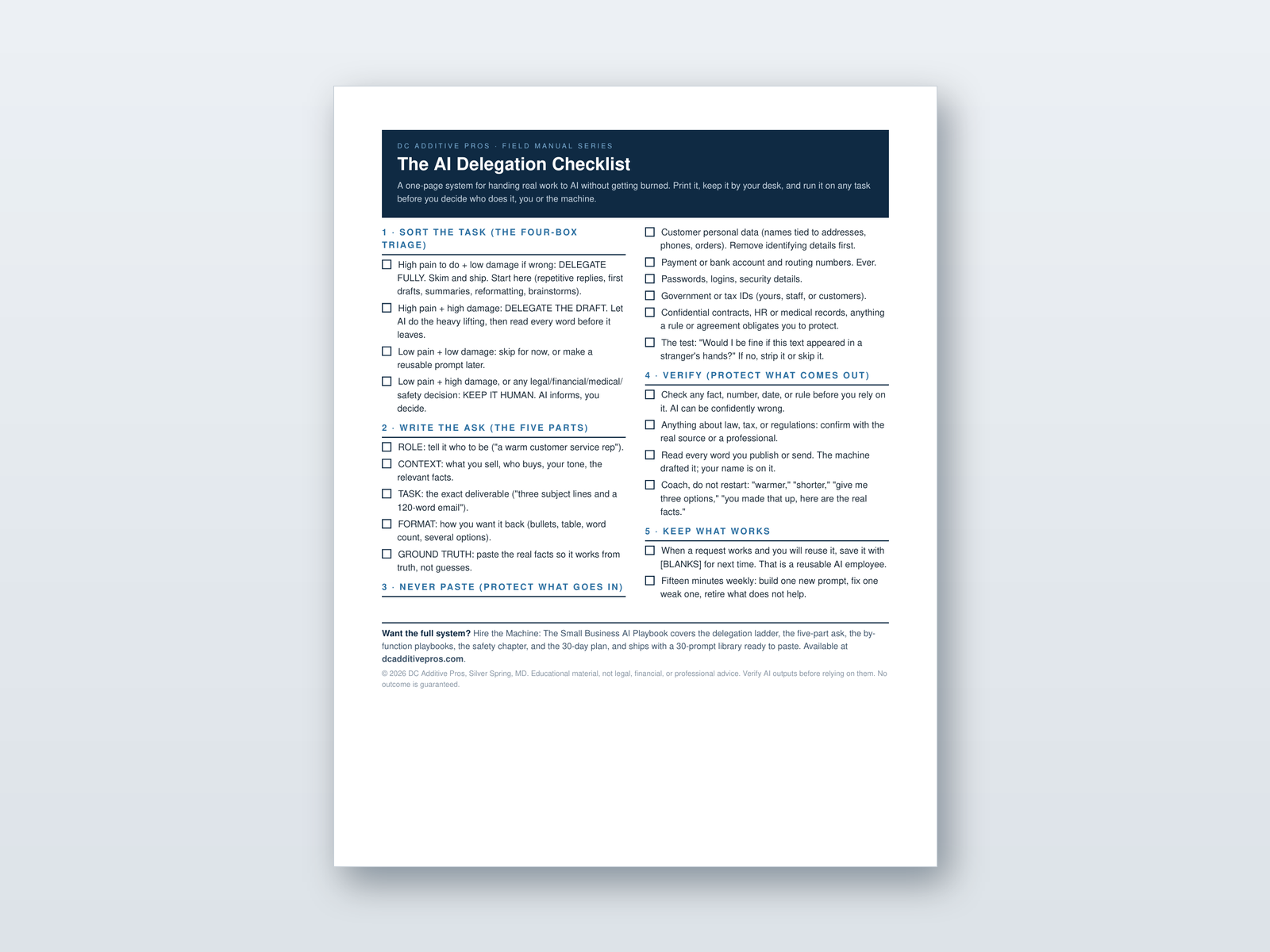 One page AI Delegation Checklist from DC Additive Pros showing five numbered sections for handing work to AI safely.