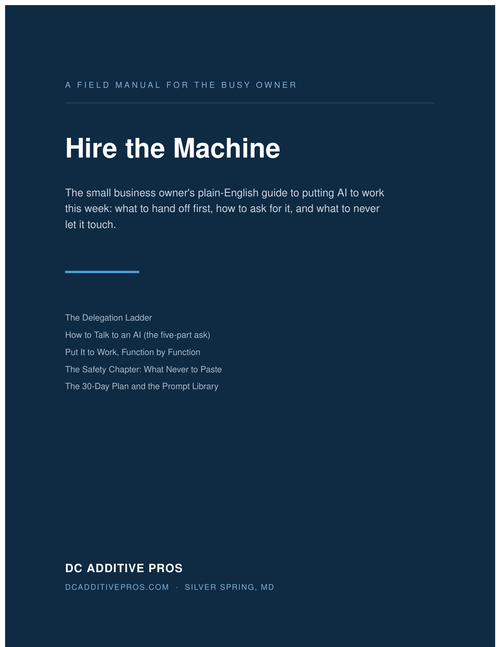 Cover of Hire the Machine, a plain-English small business AI playbook by DC Additive Pros, dark blue ebook cover listing the five topics inside.