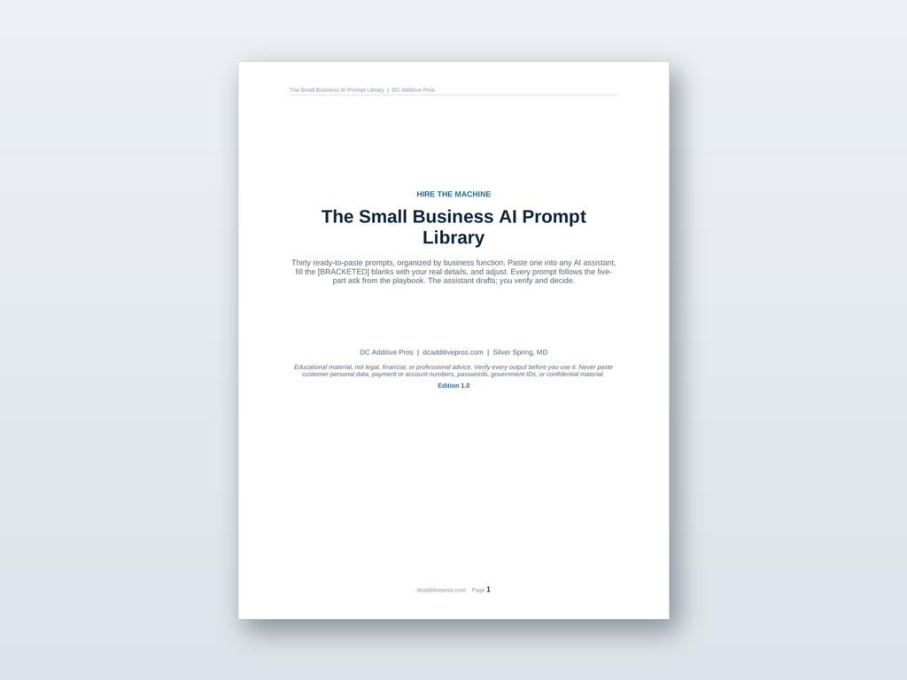 Small Business AI Prompt Library preview showing the editable Word document with 30 ready-to-paste prompts by function.