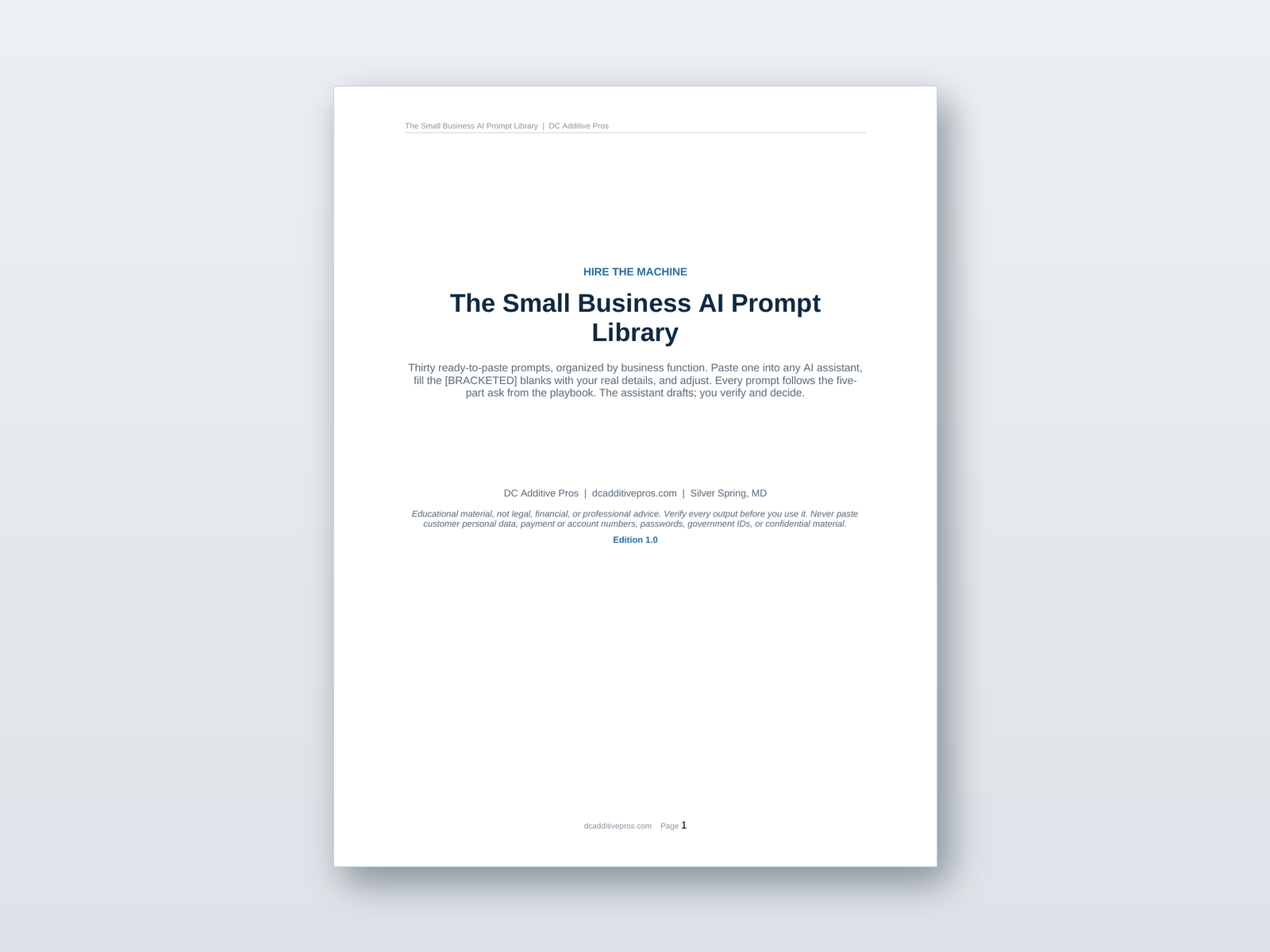Small Business AI Prompt Library preview showing the editable Word document with 30 ready-to-paste prompts by function.