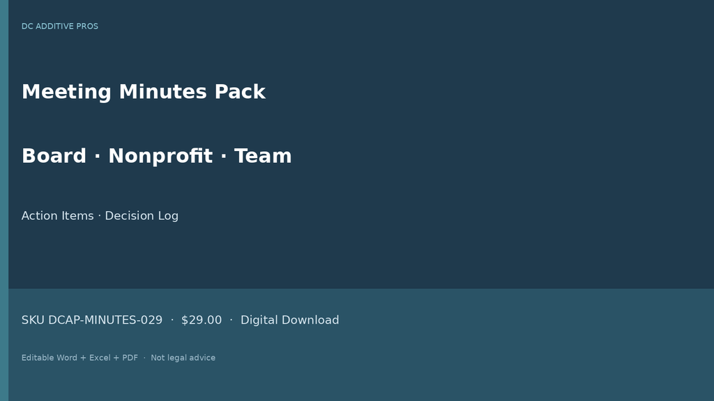 Meeting action items and decision log landscape - minutes pack cover