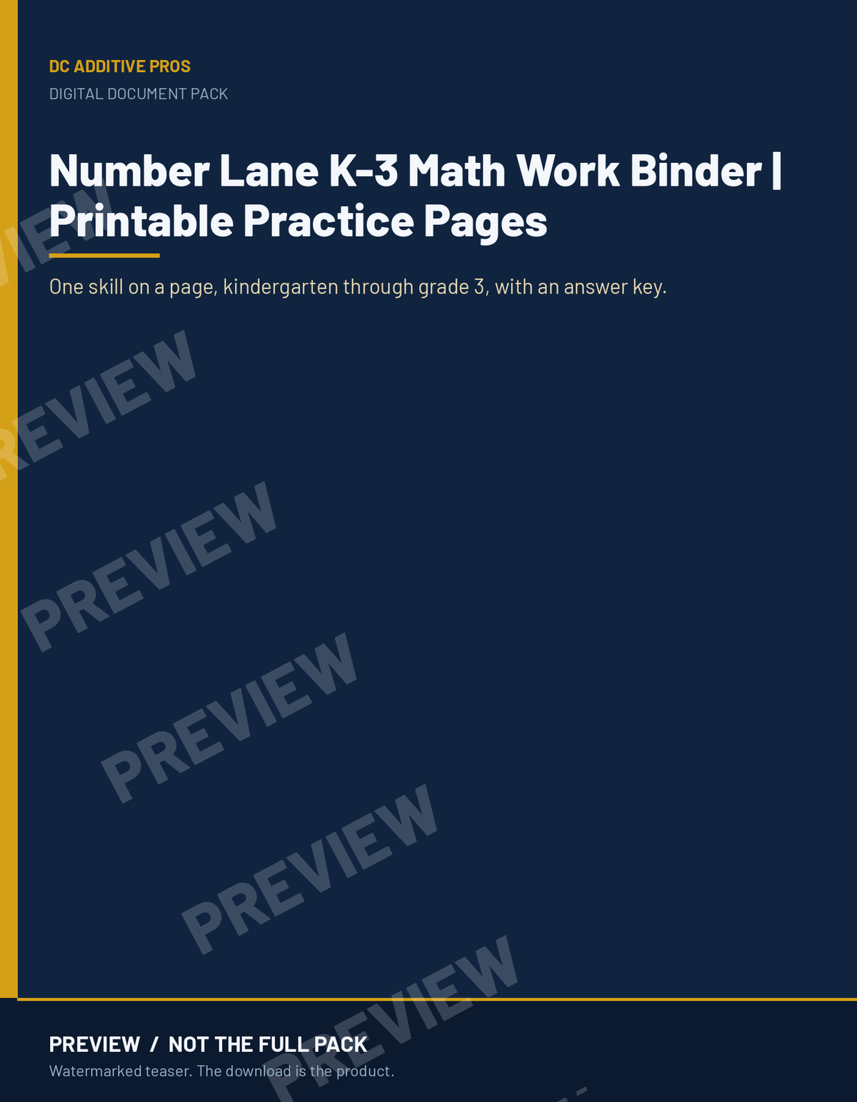 Number Lane K-3 Math Work Binder | Printable Practice Pages preview. PREVIEW / NOT THE FULL PACK