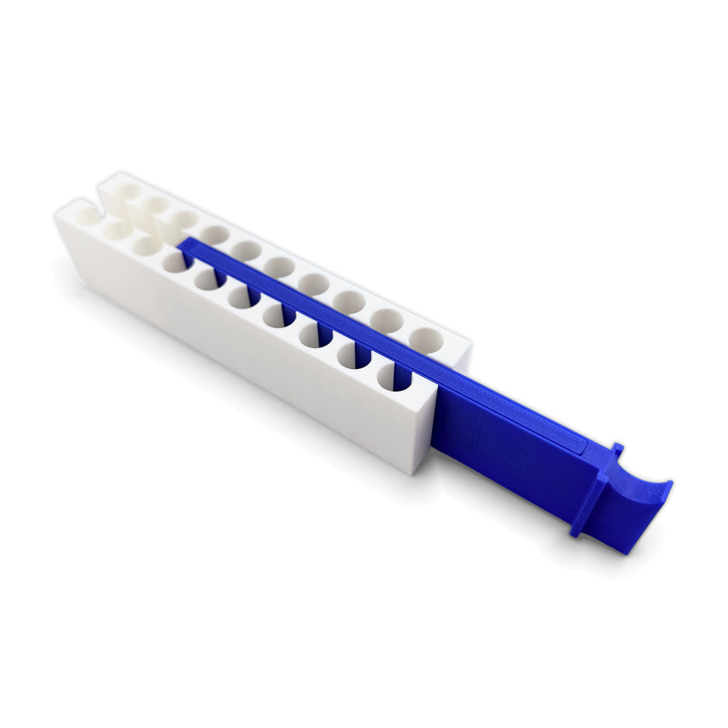 Magnetic bead separation rack, white body with blue sliding magnet bar partly extended, angled view