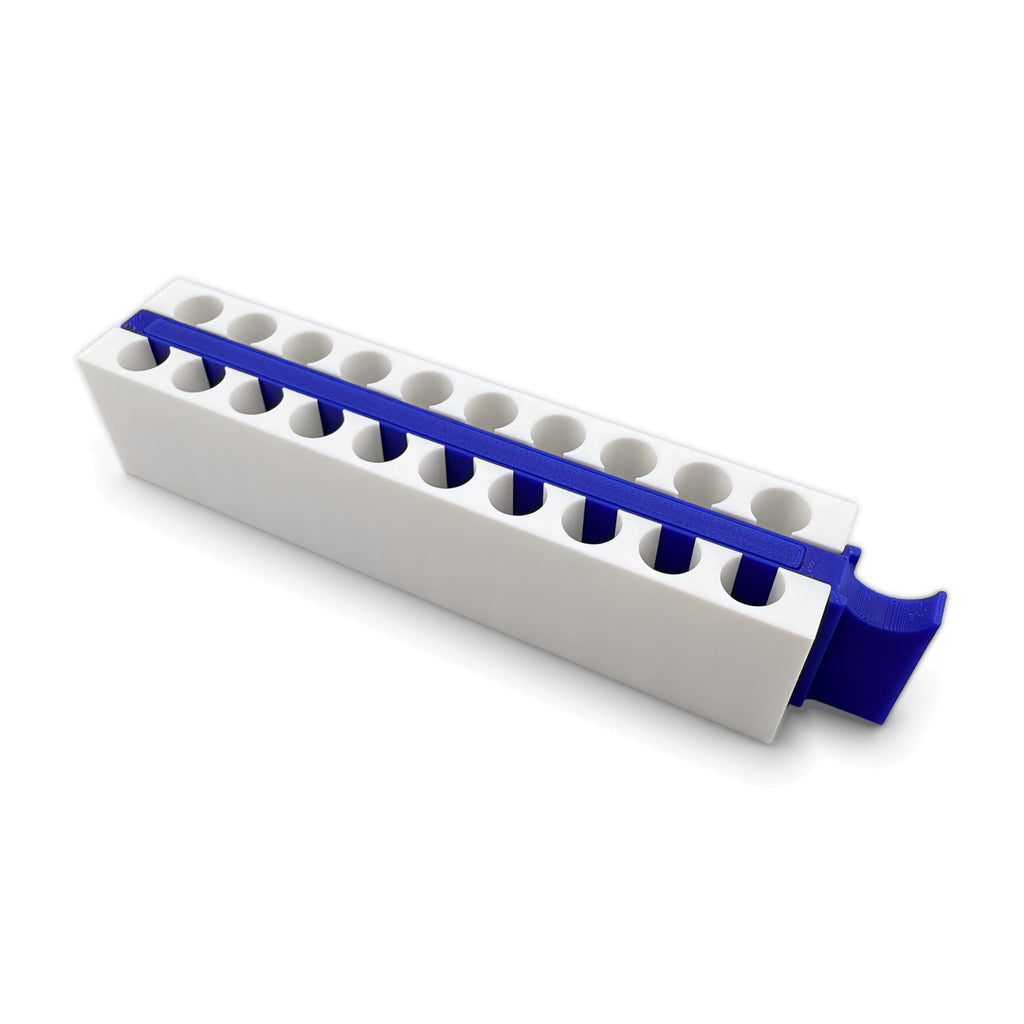 Rack with blue magnet bar fully inserted, angled view of both tube rows