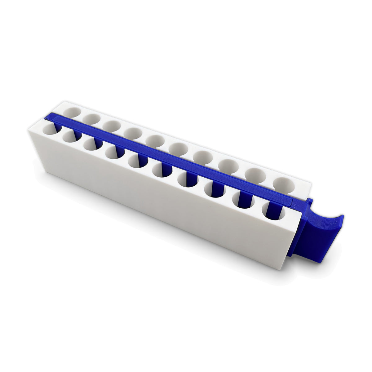 Rack with blue magnet bar fully inserted, angled view of both tube rows