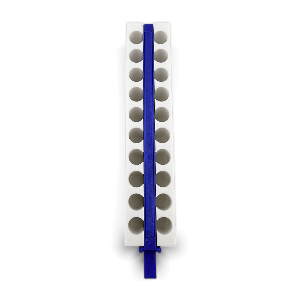 Top view of rack showing two rows of tube holes and the blue center magnet bar