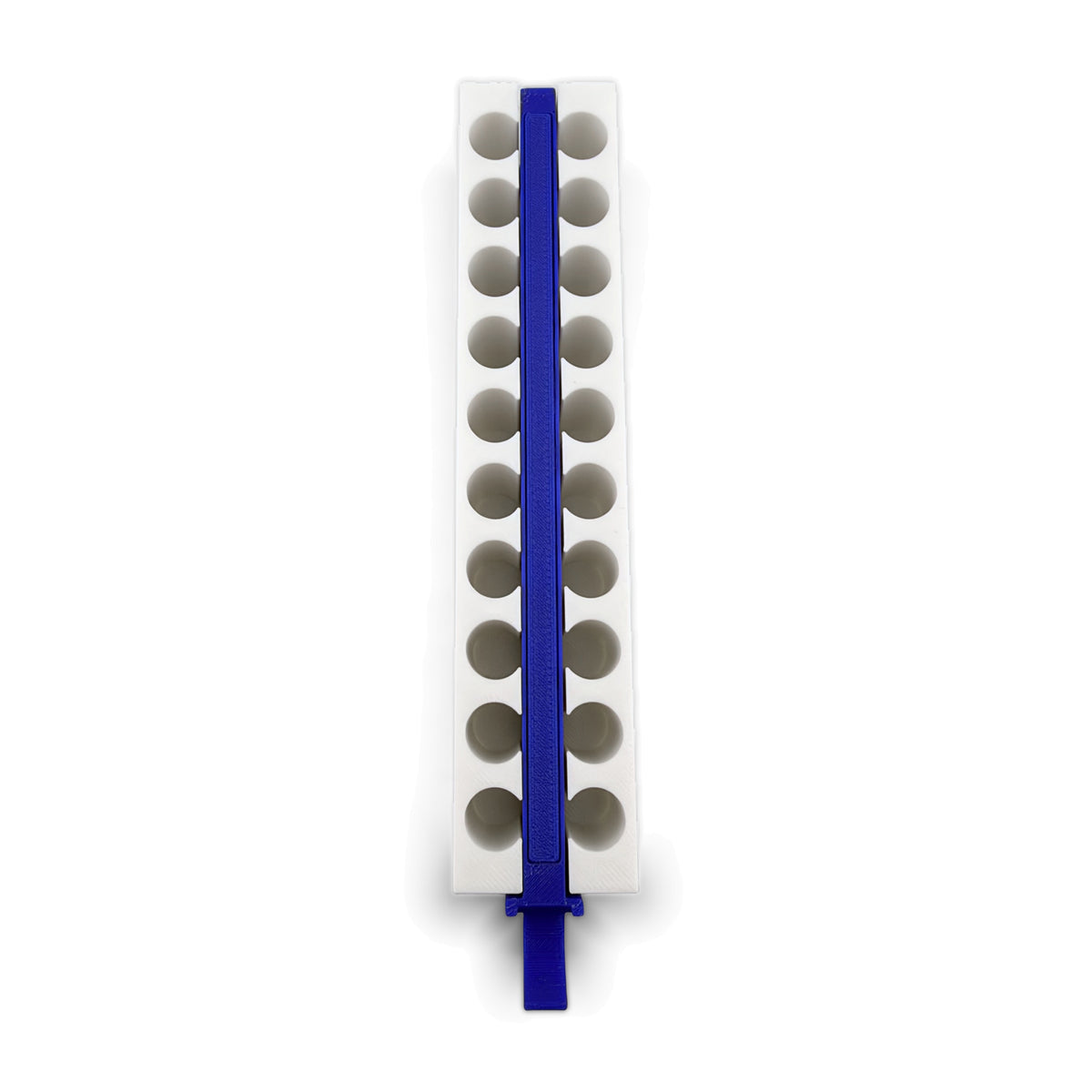 Top view of rack showing two rows of tube holes and the blue center magnet bar