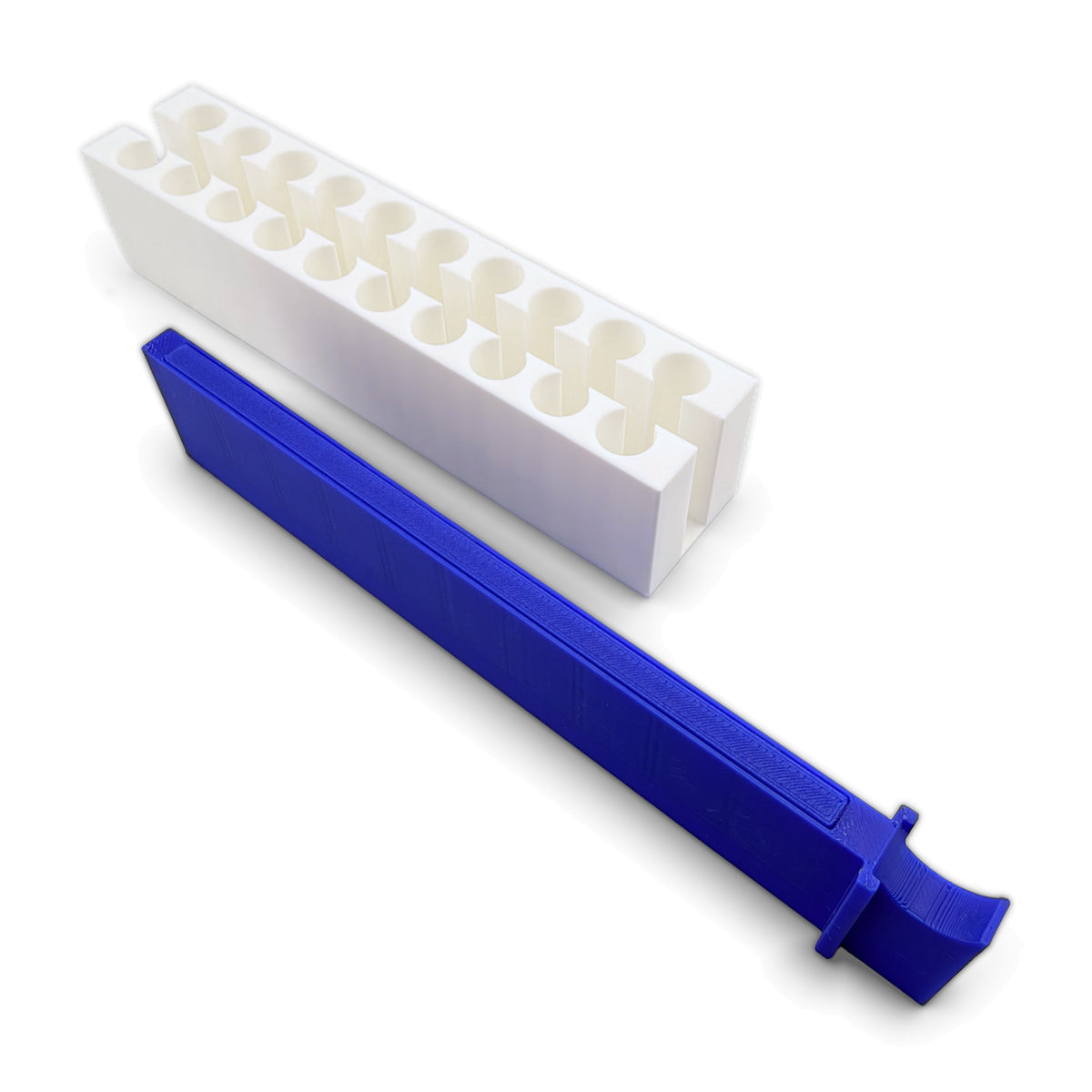 Blue sliding magnet bar removed beside the white rack body