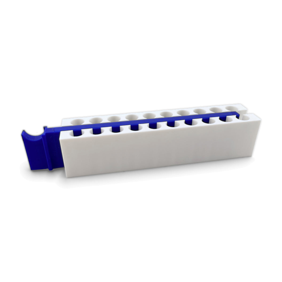 Side view of rack with blue magnet bar inserted, handle on the left