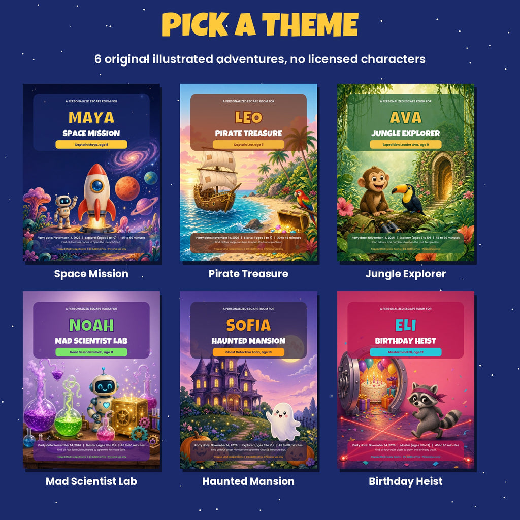 Six illustrated kids escape room themes: space mission, pirate treasure, jungle explorer, mad scientist lab, friendly haunted mansion, birthday heist