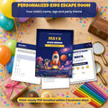 Personalized kids escape room printable pages and clue cards on a birthday party table