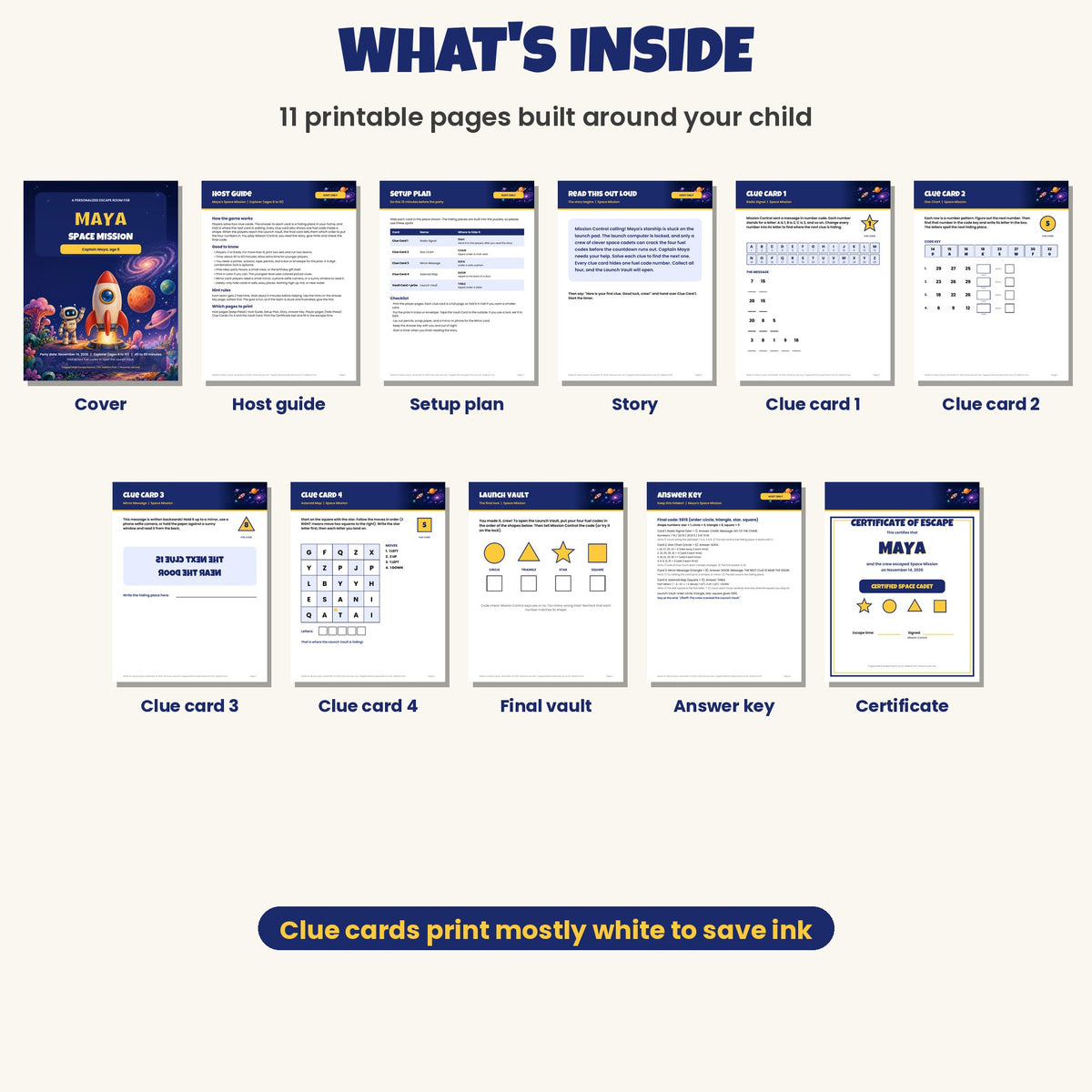What's inside the printable kids escape room: cover, host guide, setup plan, story, four clue cards, final vault, answer key and certificate