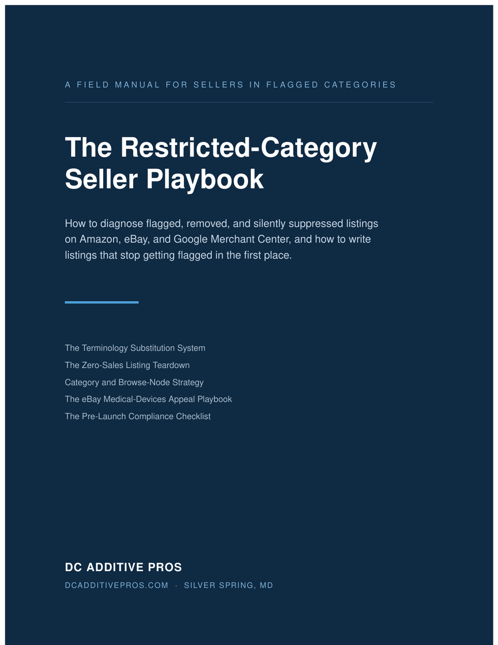 Cover of The Restricted-Category Seller Playbook by DC Additive Pros, a dark blue ebook cover with the title and five system names listed.