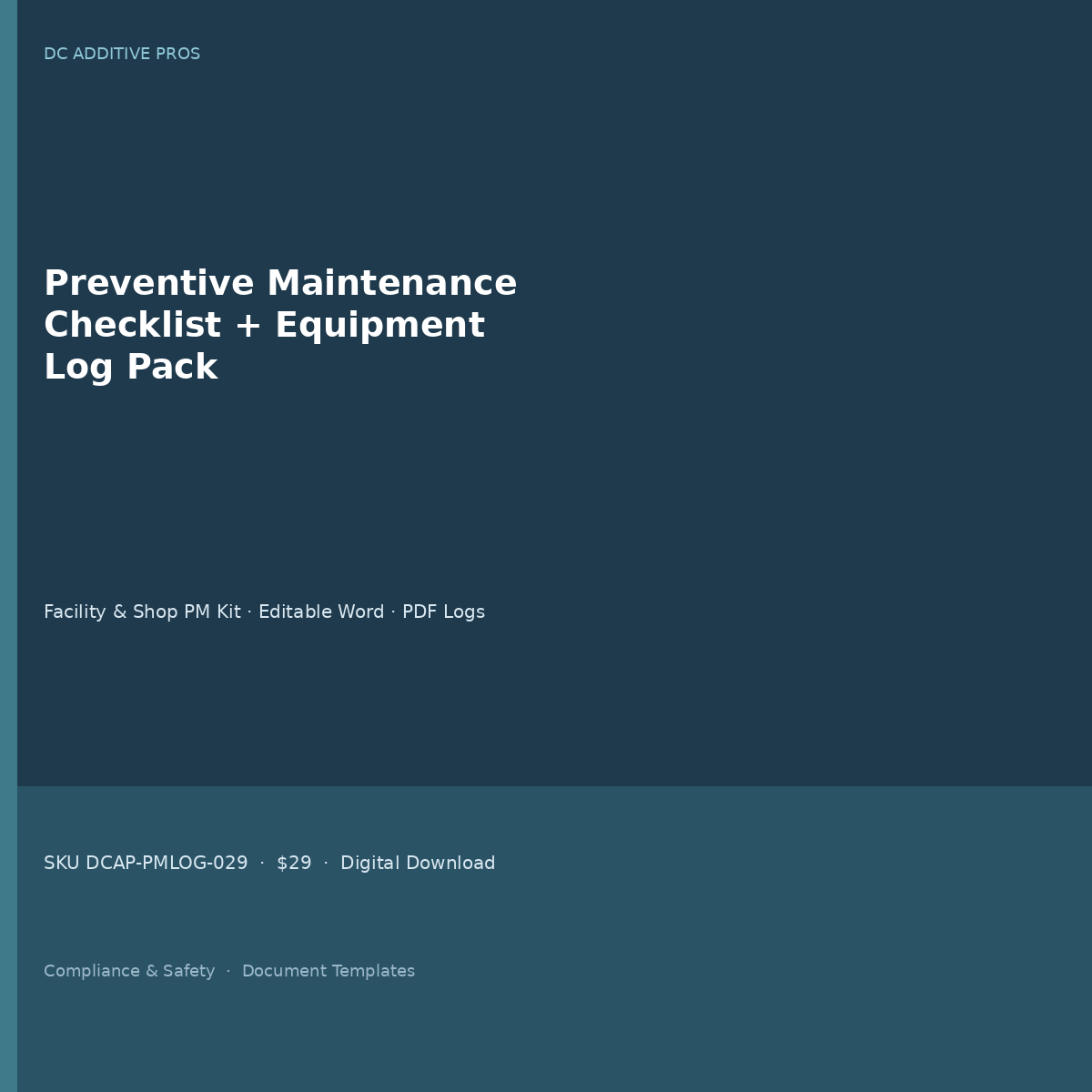 Preventive maintenance checklist printable equipment log pack cover square editable Word PDF